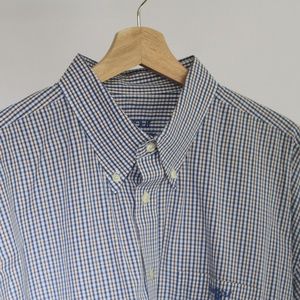 Barbour Men's Blue and Brown Plaid White Long-Sleeve Button Down Shirt